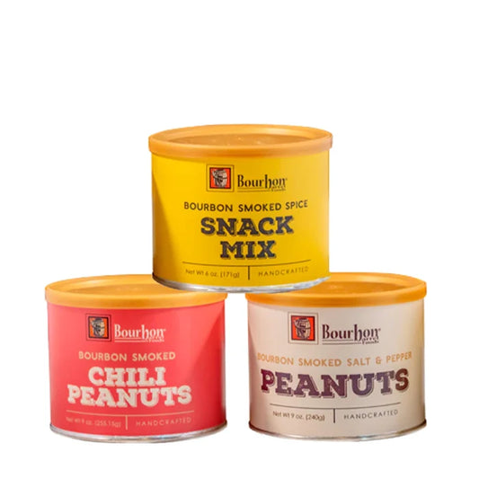 BOURBON SMOKED SNACK TRIO – SALT AND PEPPER PEANUTS, SNACK MIX, CHILI PEANUTS