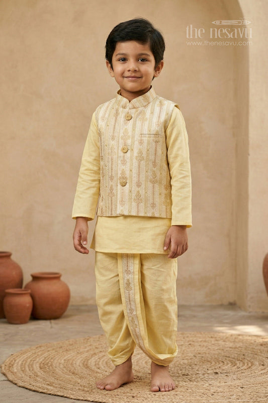The Nesavu Boys Dothi Set Boys Dhoti Set for Festivals and Traditional Family Functions Nesavu 12 (3M) / Yellow / Cotton Silk BES952B-12 Nesavu boys silk cotton dhoti set with designer jacket for festive occasions