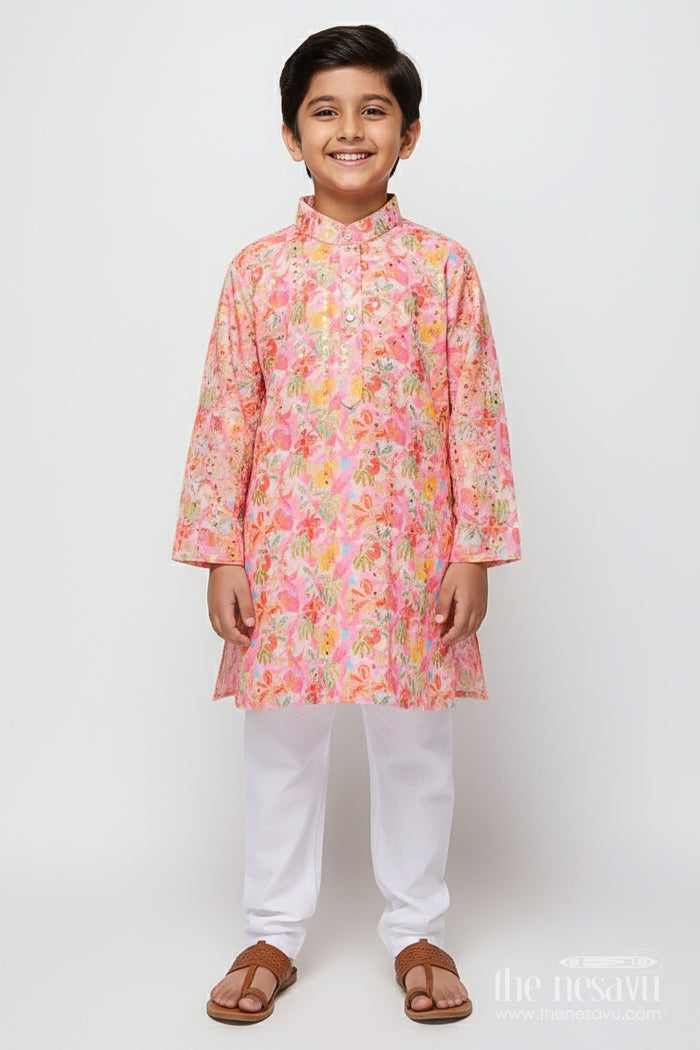The Nesavu Boys Kurtha Set Boys Silk Blend Kurta Set with Digital Print for Festive Weddings Nesavu 16 (1Y) / Pink BES930A-16 Nesavu embroidered digital print boys kurta set festive silk blend outfit weddings cultural events