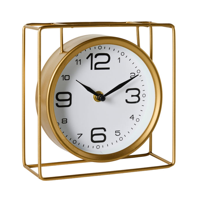 The Caged Mantel Clock Gold (18x18x7cm) features a round analog white face with black numbers and hands inside a gold metal frame, displaying the time as 10:10.