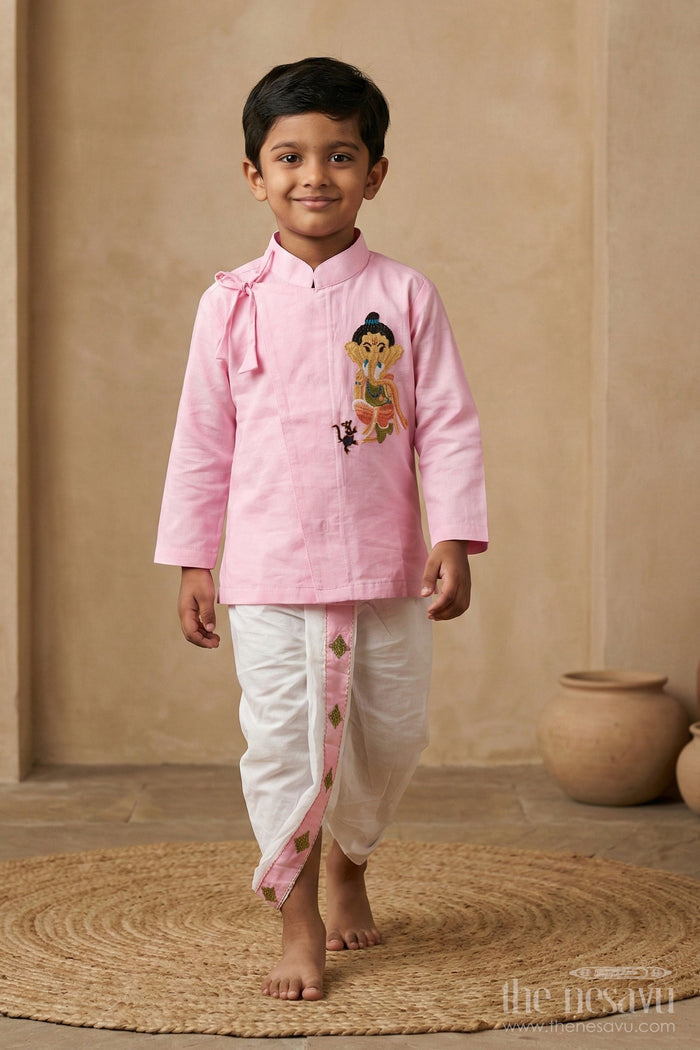 The Nesavu Boys Dothi Set Charming Pink Ganesh Utsav Baby Kurtha with Dothi Pant Set Nesavu 12 (3M) / Pink BES555D-12 Charming Pink Ganesh Utsav Baby Kurtha with Dothi Pant Set - Vinayakar Chaturthi | The Nesavu