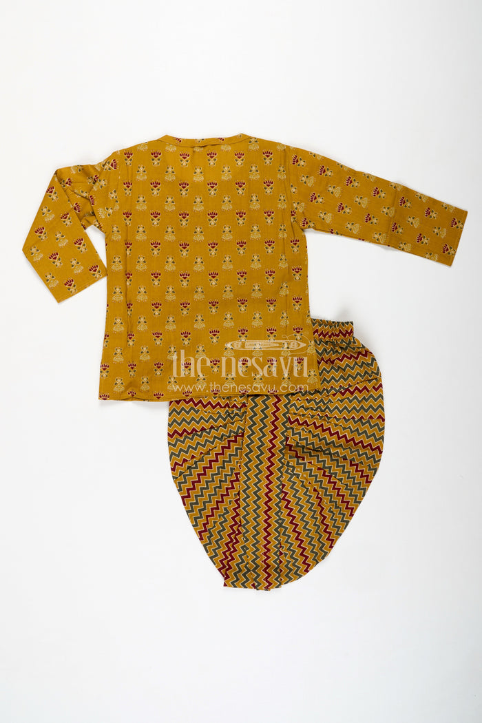 The Nesavu Boys Dothi Set Classic Dhoti Kurta for Boys Engagement Party Style Nesavu Nesavu Mustard Yellow Cotton Boys Dhoti Set Block Printed Kurta Wedding Party Wear
