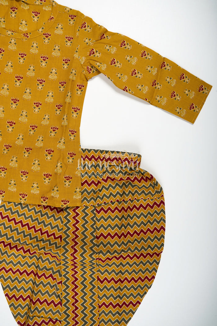 The Nesavu Boys Dothi Set Classic Dhoti Kurta for Boys Engagement Party Style Nesavu Nesavu Mustard Yellow Cotton Boys Dhoti Set Block Printed Kurta Wedding Party Wear