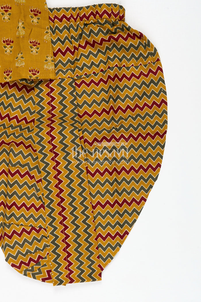 The Nesavu Boys Dothi Set Classic Dhoti Kurta for Boys Engagement Party Style Nesavu Nesavu Mustard Yellow Cotton Boys Dhoti Set Block Printed Kurta Wedding Party Wear