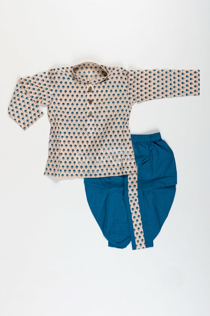 The Nesavu Boys Dothi Set Designer Kurta Set for Boys Sequin Formal Occasion Wear Nesavu 12 (3M) / Blue BES725B-12 Nesavu Boys Wedding Dhoti Set Blue Beige Royal Motif Cotton Print Traditional Ceremonies