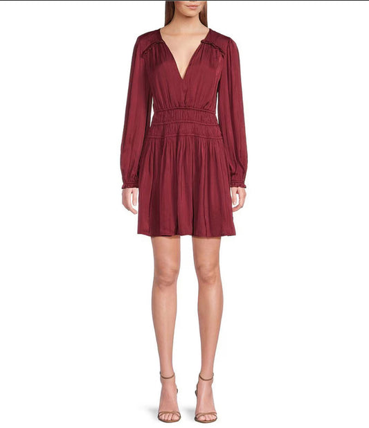 Elan- V Neck Long Sleeve Smocked Waist Dress
