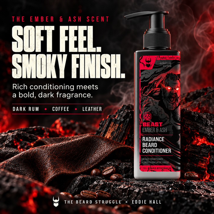 Beast Ember & Ash Beard Conditioner bottle on black rock with leather and coffee beans, scent notes dark rum, coffee and leather
