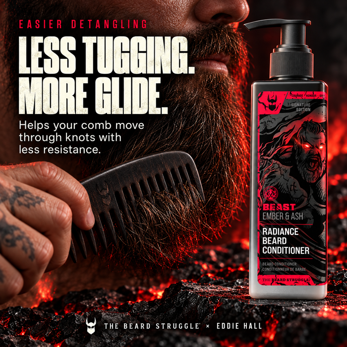 Beast Ember & Ash Beard Conditioner bottle beside a man combing his beard with a wooden comb, headline Less Tugging More Glide