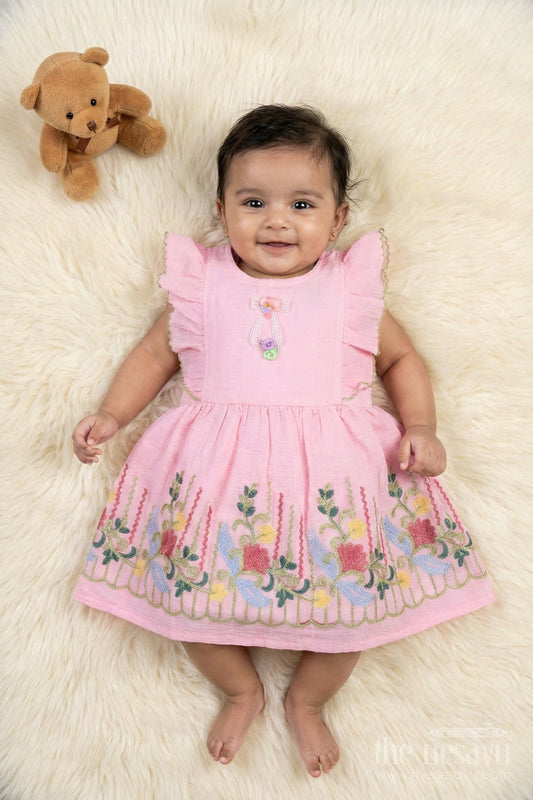 The Nesavu Girls Cotton Frock Embroidered Frock for Baby Girls’ Special Playdates Nesavu 14 (6M) / Peach / Cotton BFJ920A-14 Nesavu baby girl frock with multicolor thread embroidery and frill sleeves for festive play