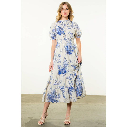 Floral BLUE Print Short Sleeve Maxi Dress-THML