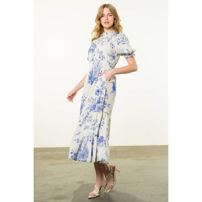 Floral BLUE Print Short Sleeve Maxi Dress-THML