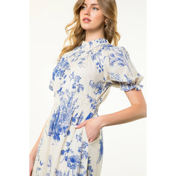 Floral BLUE Print Short Sleeve Maxi Dress-THML
