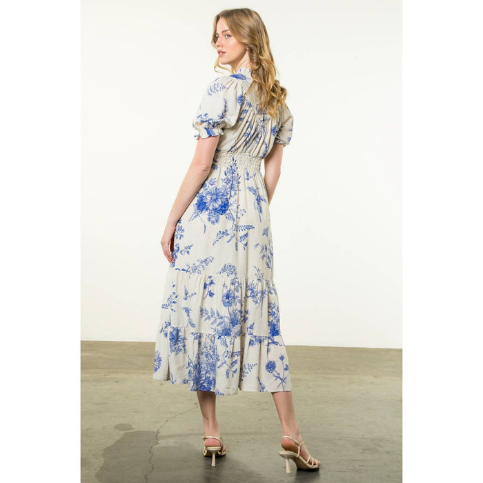 Floral BLUE Print Short Sleeve Maxi Dress-THML