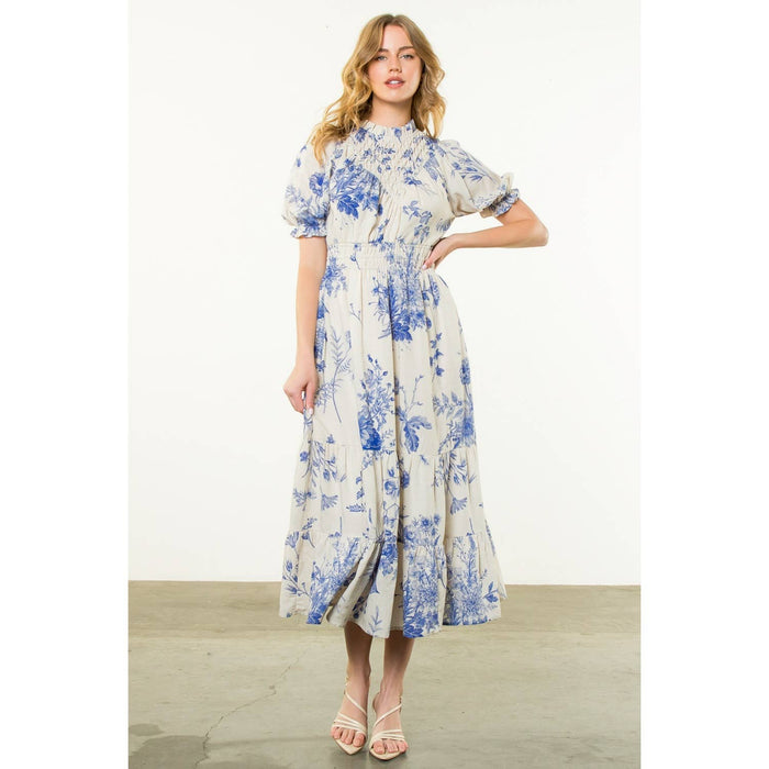 Floral BLUE Print Short Sleeve Maxi Dress-THML
