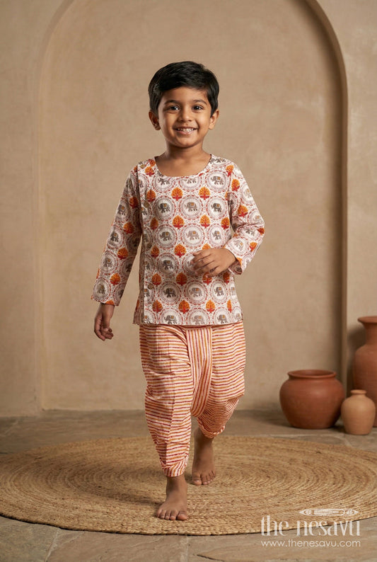 The Nesavu Boys Dothi Set Floral Digital Dhoti Kurta for Boys Cultural Function Wear Nesavu 12 (3M) / Cream BES724B-12 Nesavu Boys Party Wear Black Dhoti Set Cotton Copper Digital Print Formal Traditional Events