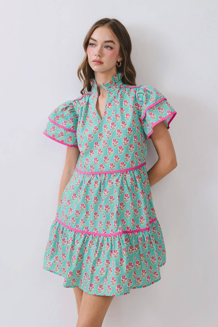 Floral Print Tiered Flutter Sleeve Mini Dress Green