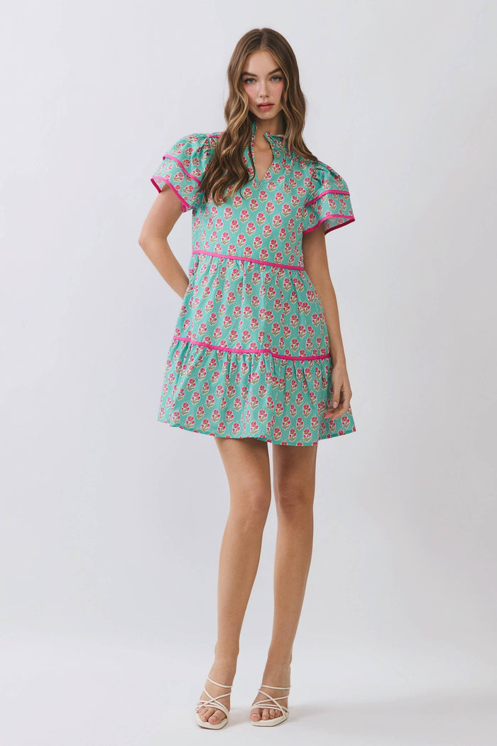 Floral Print Tiered Flutter Sleeve Mini Dress Green