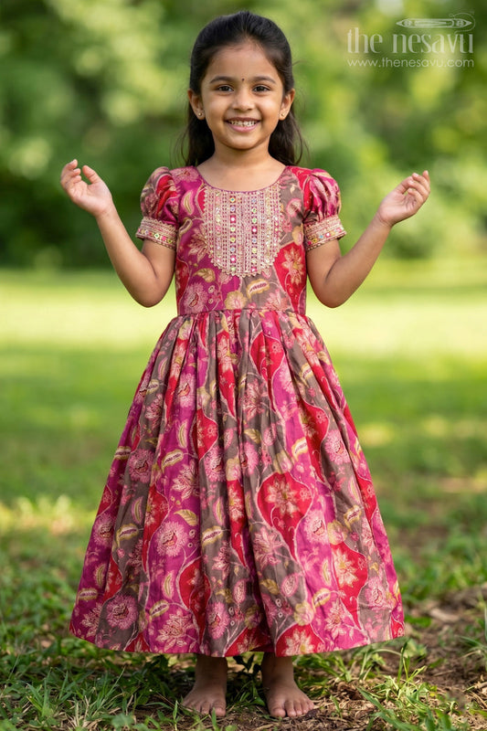 The Nesavu Girls Silk Gown Girls Bride in Wedding Dress Style Chinon Silk Gown with Intricate Mirror Work and Rich Floral Pattern Nesavu 16 (1Y) / Multicolor GA320A-16 Girls Bride Wedding Dress Inspired Chinon Silk Gown Mirror Embellishment Floral Print | The Nesavu