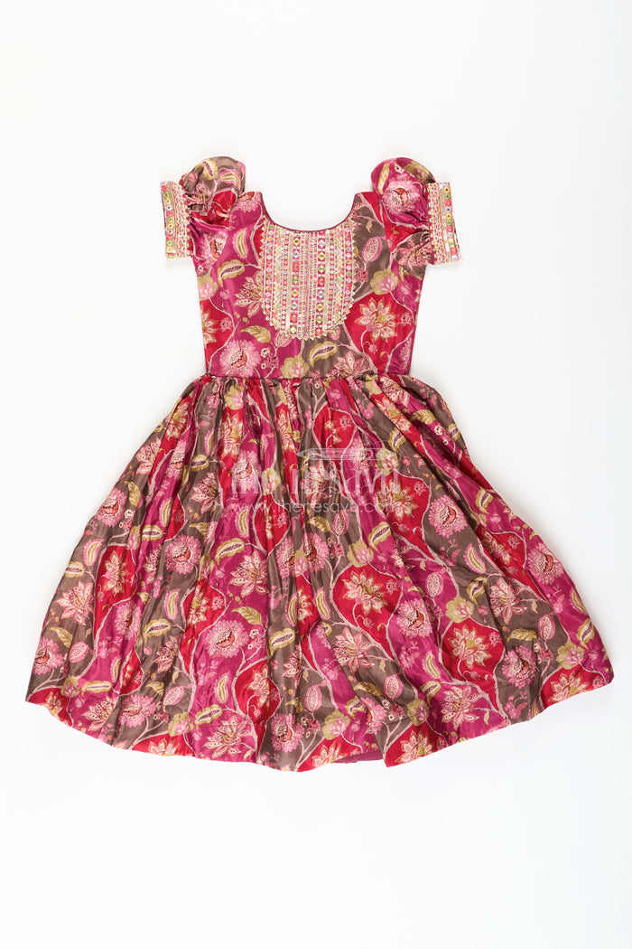 The Nesavu Girls Silk Gown Girls Bride in Wedding Dress Style Chinon Silk Gown with Intricate Mirror Work and Rich Floral Pattern Nesavu 16 (1Y) / Multicolor GA320A-16 Girls Bride Wedding Dress Inspired Chinon Silk Gown Mirror Embellishment Floral Print | The Nesavu