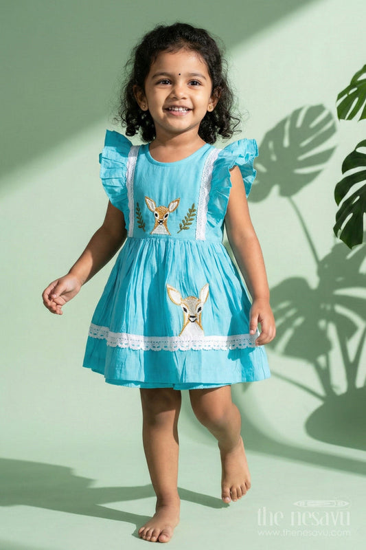 The Nesavu Girls Chanderi Frock Girls Chanderi Cotton Frock with Deer Embroidery for Birthday Parties Nesavu Nesavu Chanderi cotton frock girls deer embroidery  perfect nature-themed birthdays