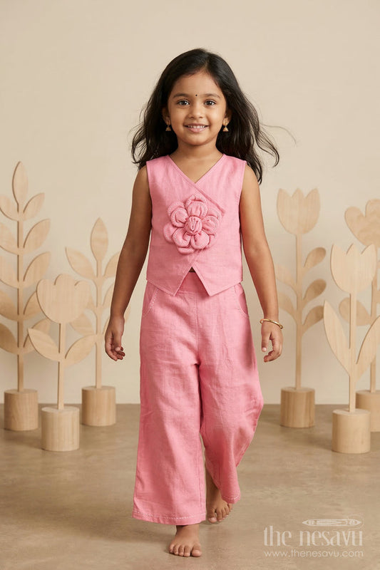 The Nesavu Girls Co-Ord Sets Girls Co Ord Set for Casual Outings and Birthday Wear Nesavu 22 (4Y) / Pink / Cotton GCS015A-22 Nesavu girls cotton co ord set with floral applique for casual wear