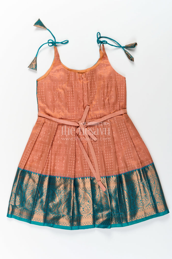 The Nesavu Tie Up Frock Girls Ethnic Silk Dresses in Semi Kanchivaram with Tie Up Sleeves and Zari Woven Orange Green Pleated Skirt Nesavu Nesavu Ethnic Silk Dresses for Girls in Semi Kanchivaram with Orange Green Zari Pleated Tie Up Frock