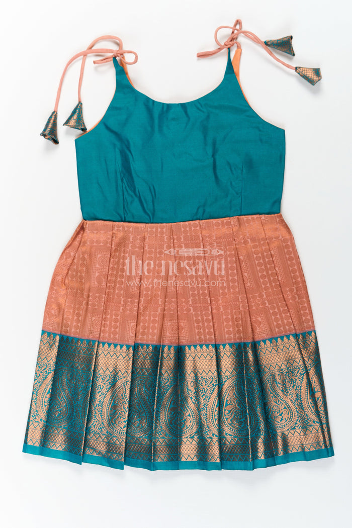 The Nesavu Tie Up Frock Girls Ethnic Silk Dresses in Semi Kanchivaram with Tie Up Sleeves and Zari Woven Orange Green Pleated Skirt Nesavu 16 (1Y) / Green / Style 2 SF832BB-16 Nesavu Ethnic Silk Dresses for Girls in Semi Kanchivaram with Orange Green Zari Pleated Tie Up Frock