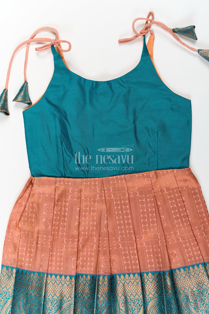 The Nesavu Tie Up Frock Girls Ethnic Silk Dresses in Semi Kanchivaram with Tie Up Sleeves and Zari Woven Orange Green Pleated Skirt Nesavu Nesavu Ethnic Silk Dresses for Girls in Semi Kanchivaram with Orange Green Zari Pleated Tie Up Frock