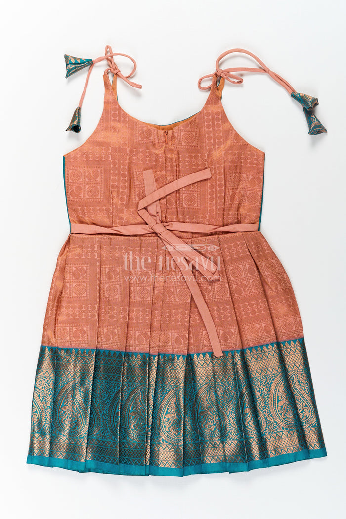 The Nesavu Tie Up Frock Girls Ethnic Silk Dresses in Semi Kanchivaram with Tie Up Sleeves and Zari Woven Orange Green Pleated Skirt Nesavu Nesavu Ethnic Silk Dresses for Girls in Semi Kanchivaram with Orange Green Zari Pleated Tie Up Frock