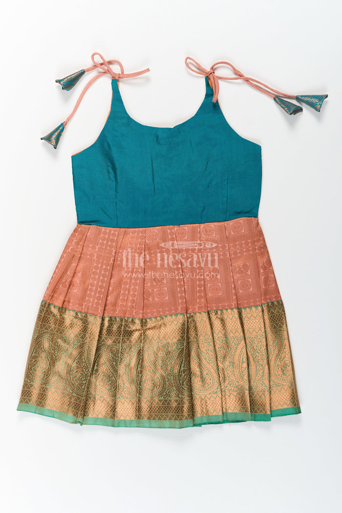 The Nesavu Tie Up Frock Girls Ethnic Silk Dresses in Semi Kanchivaram with Tie Up Sleeves and Zari Woven Orange Green Pleated Skirt Nesavu 16 (1Y) / Green / Style 3 SF832BC-16 Nesavu Ethnic Silk Dresses for Girls in Semi Kanchivaram with Orange Green Zari Pleated Tie Up Frock
