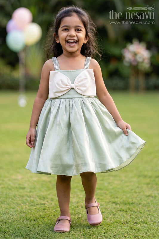 The Nesavu Girls Fancy Party Frock Girls Fancy Party Frock for Birthday Events Nesavu 14 (6M) / Green / Satin PF287C-14 Nesavu girls satin fancy party frock with bow detail for birthday parties