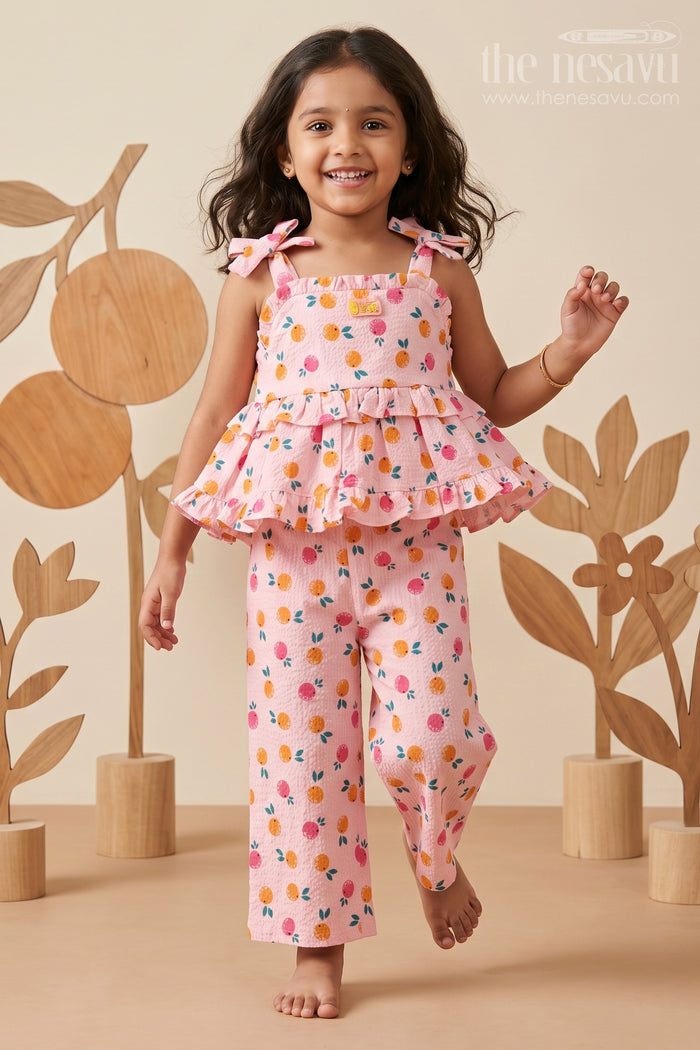The Nesavu Girls Casual Set Girls Muslin Pink Ethnic Wear Set with Ruffle Top and Printed Pants for Comfortable Everyday Style Nesavu 14 (6M) / Pink GPS598A-14 Girls Muslin Printed Pink Ethnic Wear Set with Ruffle Top and Matching Pants for Daily Comfort | The Nesavu