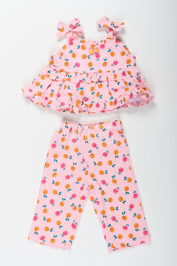 The Nesavu Girls Casual Set Girls Muslin Pink Ethnic Wear Set with Ruffle Top and Printed Pants for Comfortable Everyday Style Nesavu 14 (6M) / Pink GPS598A-14 Nesavu Girls Muslin Printed Pink Ethnic Wear Set with Ruffle Top and Matching Pants for Daily Comfort