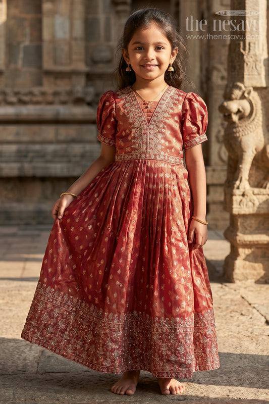 Girls Silk Gown with Banarasi Jacquard Design for Weddings and Special Occasions