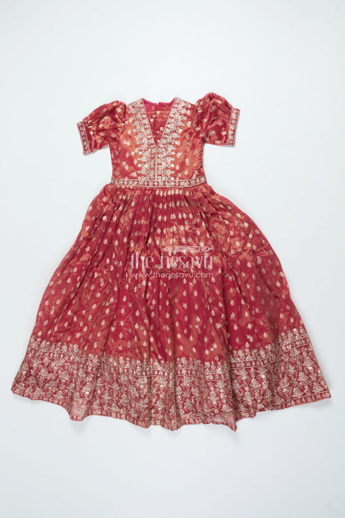 The Nesavu Girls Silk Gown Girls Silk Gown with Banarasi Jacquard Design for Weddings and Special Occasions Nesavu 24 (5Y) / Pink GA338A-24 Nesavu girls silk gown Banarasi jacquard weave zari border perfect weddings festive days