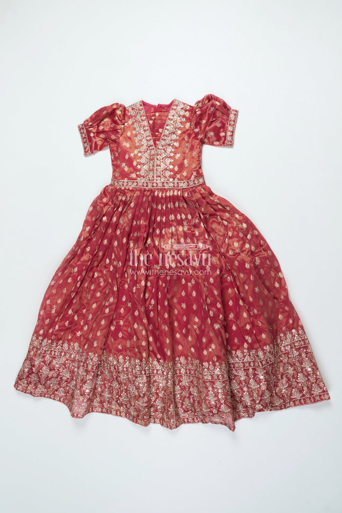The Nesavu Girls Silk Gown Girls Silk Gown with Banarasi Jacquard Design for Weddings and Special Occasions Nesavu Nesavu girls silk gown Banarasi jacquard weave zari border perfect weddings festive days