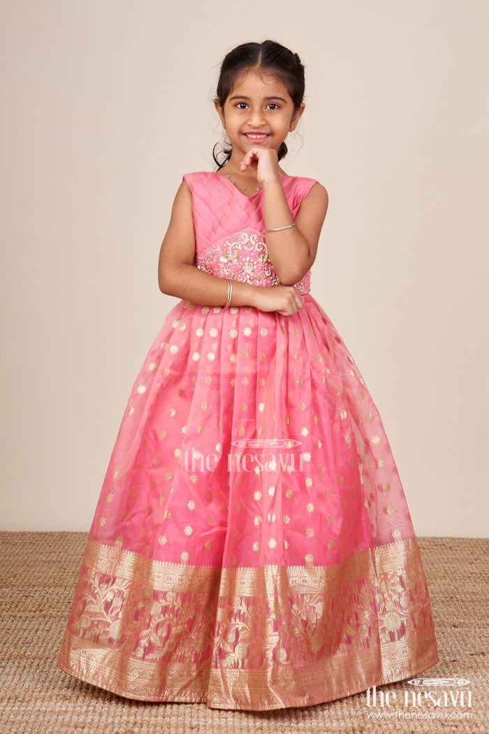 The Nesavu Girls Silk Gown Girls Silk Gown with Zari Border for Weddings and Grand Occasions Nesavu 20 (3Y) / Pink GA355B-20 Nesavu girls Kora tissue silk gown zari border weddings celebrations