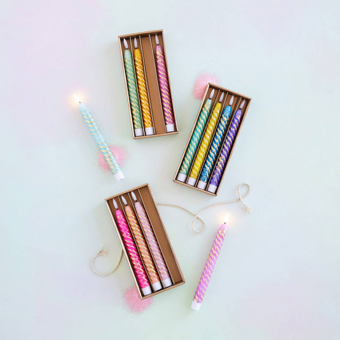 Glitterville Rainbow Candle, Boxed St/4, 3 Asst, 10"