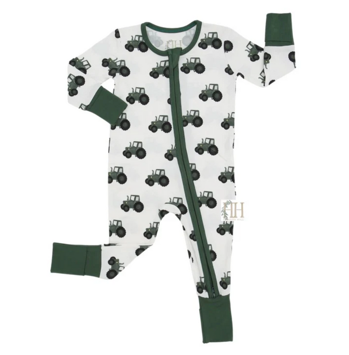 Hamner Hill-Boys Green Tractor Double Zipper Romper