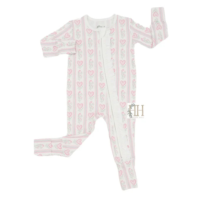 Hamner Hill-Girls Floral Heart Ruffle Double Zipper Romper