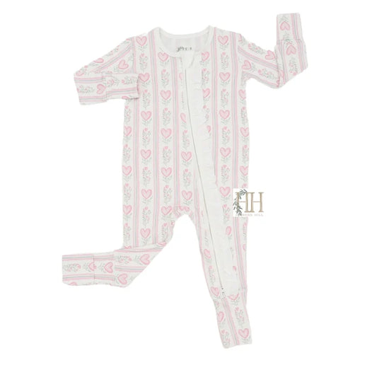 Hamner Hill-Girls Floral Heart Ruffle Double Zipper Romper