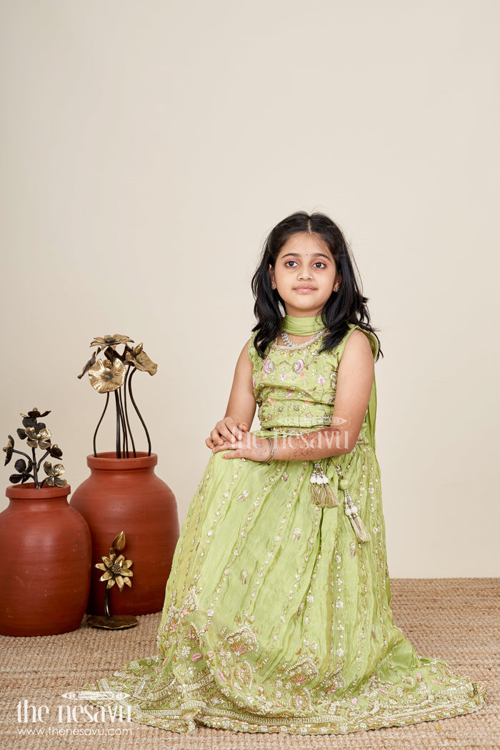 The Nesavu Girls Lehenga Choli Handcrafted Lehenga For Kids Festival Occasion Silk Wear Nesavu Nesavu Kids Diwali Lehenga Choli Olive Green Viscose Silk Intricate Embroidery Dupatta