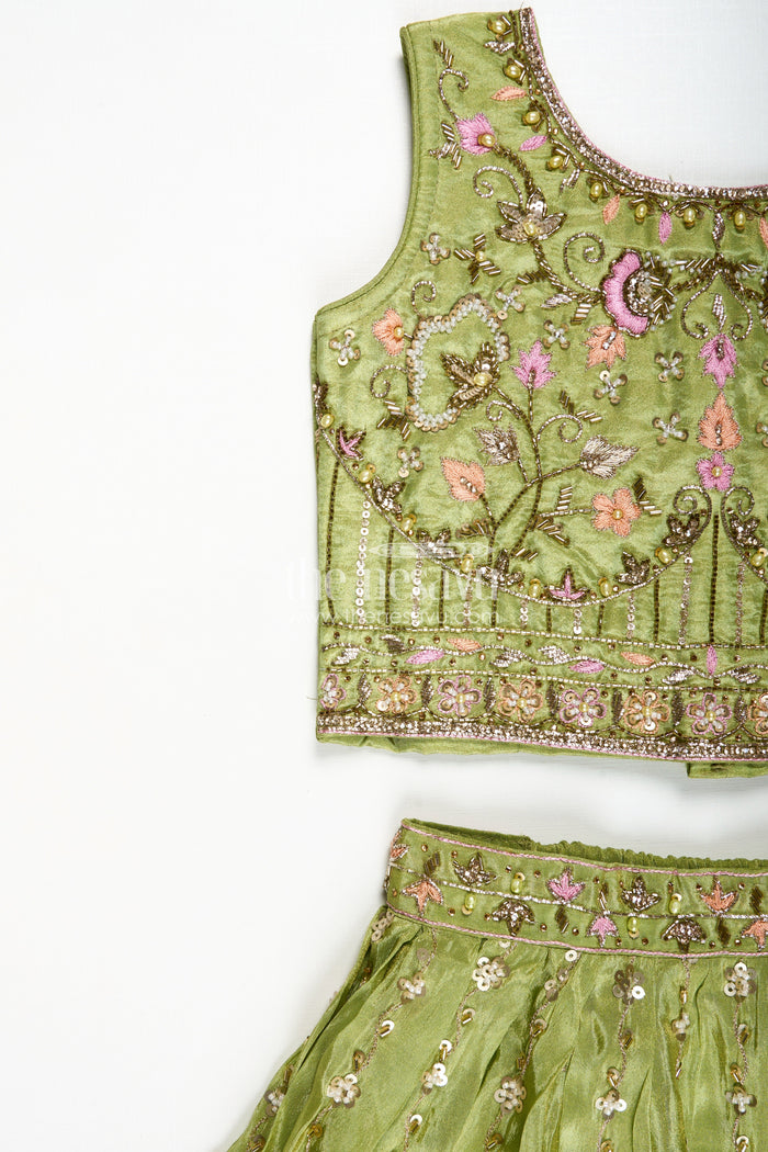 The Nesavu Girls Lehenga Choli Handcrafted Lehenga For Kids Festival Occasion Silk Wear Nesavu Nesavu Kids Diwali Lehenga Choli Olive Green Viscose Silk Intricate Embroidery Dupatta