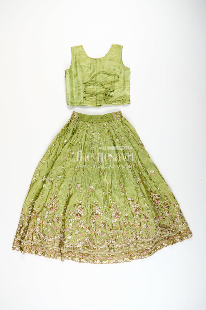 The Nesavu Girls Lehenga Choli Handcrafted Lehenga for Kids Festival Occasion Silk Wear Nesavu Nesavu Kids Diwali Lehenga Choli Olive Green Viscose Silk Intricate Embroidery Dupatta
