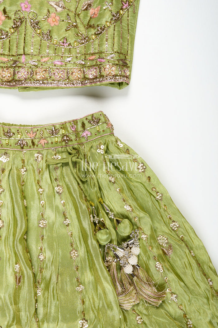 The Nesavu Girls Lehenga Choli Handcrafted Lehenga For Kids Festival Occasion Silk Wear Nesavu Nesavu Kids Diwali Lehenga Choli Olive Green Viscose Silk Intricate Embroidery Dupatta
