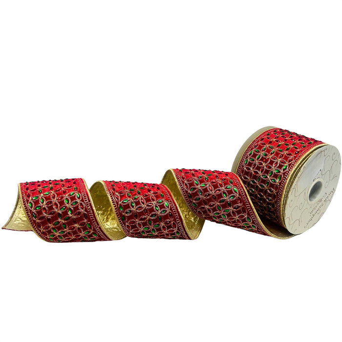 Heavy Jewel Red/Green/Gold Ribbon on Red Velvet 4" x 10yd