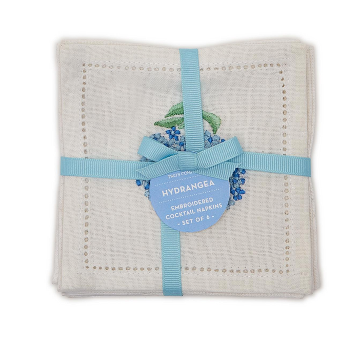 Hydrangea Set of 6 Hemstitch Cocktail Napkins with Hand Embroidered Details - Cotton