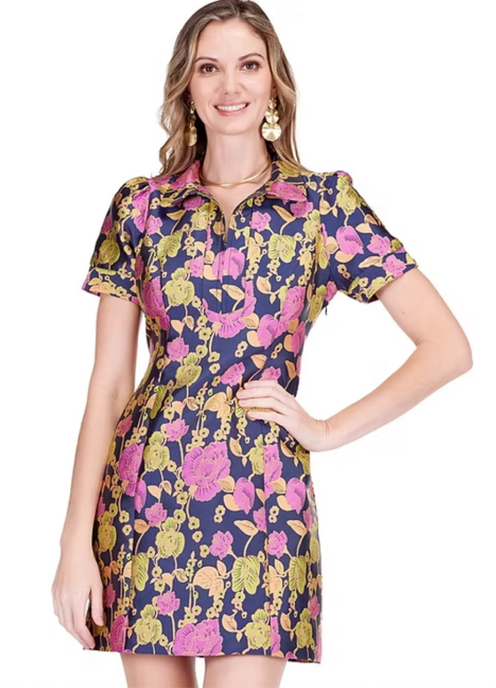 Jade-Vibrant Vines Front Zip Fitted Dress
