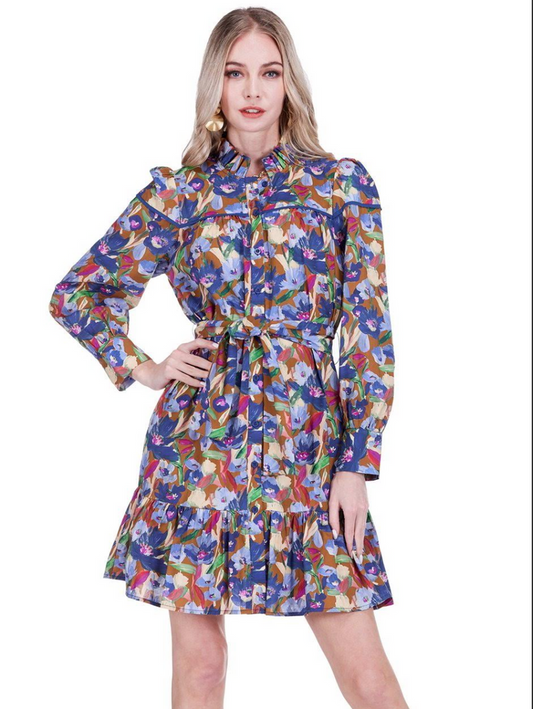 Joy Joy- Button Flounced Dress- Blue Meadow