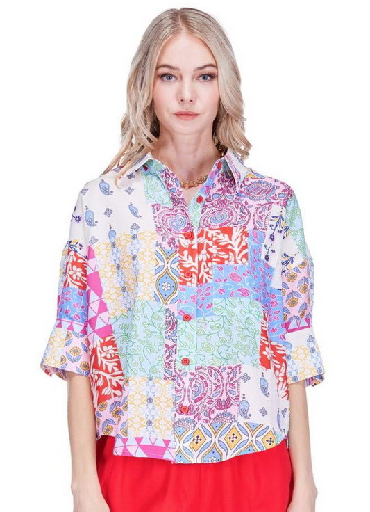 Joy Joy- Button Short Sleeve Shirt- Kaleidocloth